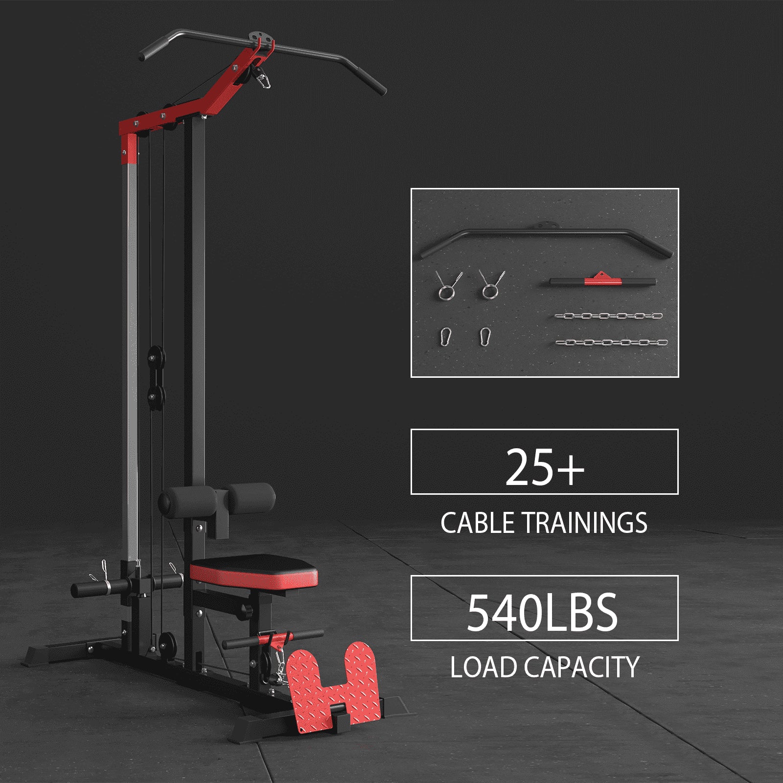 LAT Pulldown Machine, Multifunction Row Cable Fitness Equipment with Flip-Up Footplate and Plates Storage Posts