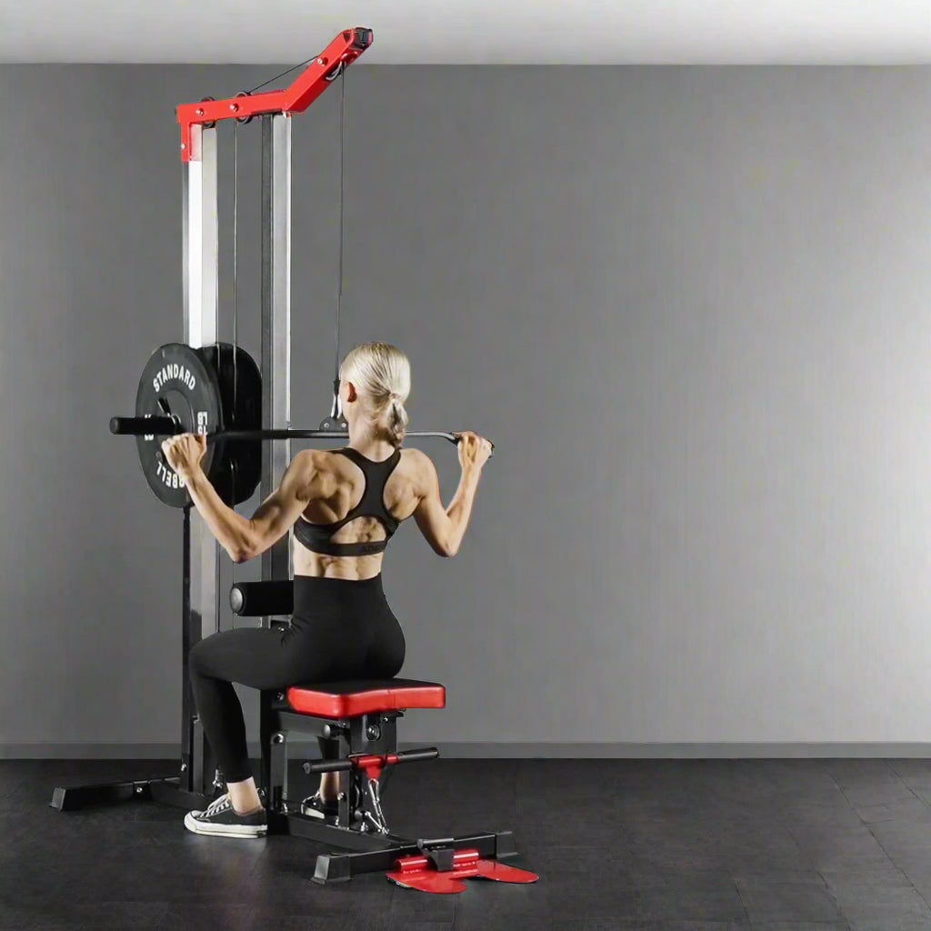 LAT Pull down Machine Set, Multifunction Cable Workout Equipment with Flip-Up Footplate and Plates Storage Posts