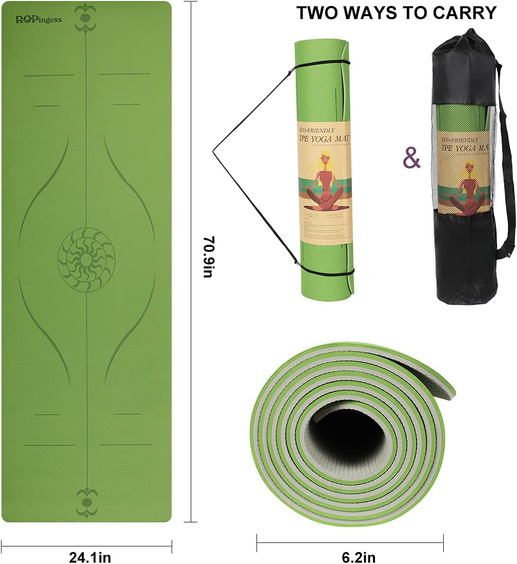 Yoga Mat Exercise Fitness Mat, 1/4 & 1/3 Inch TPE Anti-Slip Fitness Mat with Alignment Mark， Men'S and Women'S Yoga Mat, Pilates and Home Exercise Mat，Odorless Lightweight and Extra Large Size, Free Straps Available