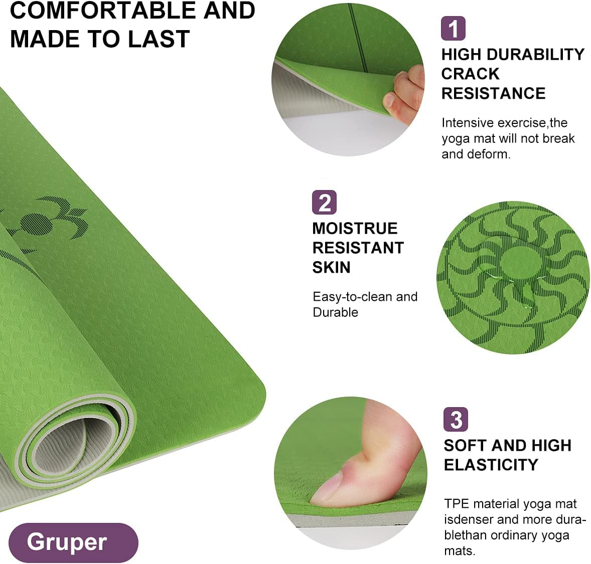 Yoga Mat Exercise Fitness Mat, 1/4 & 1/3 Inch TPE Anti-Slip Fitness Mat with Alignment Mark， Men'S and Women'S Yoga Mat, Pilates and Home Exercise Mat，Odorless Lightweight and Extra Large Size, Free Straps Available
