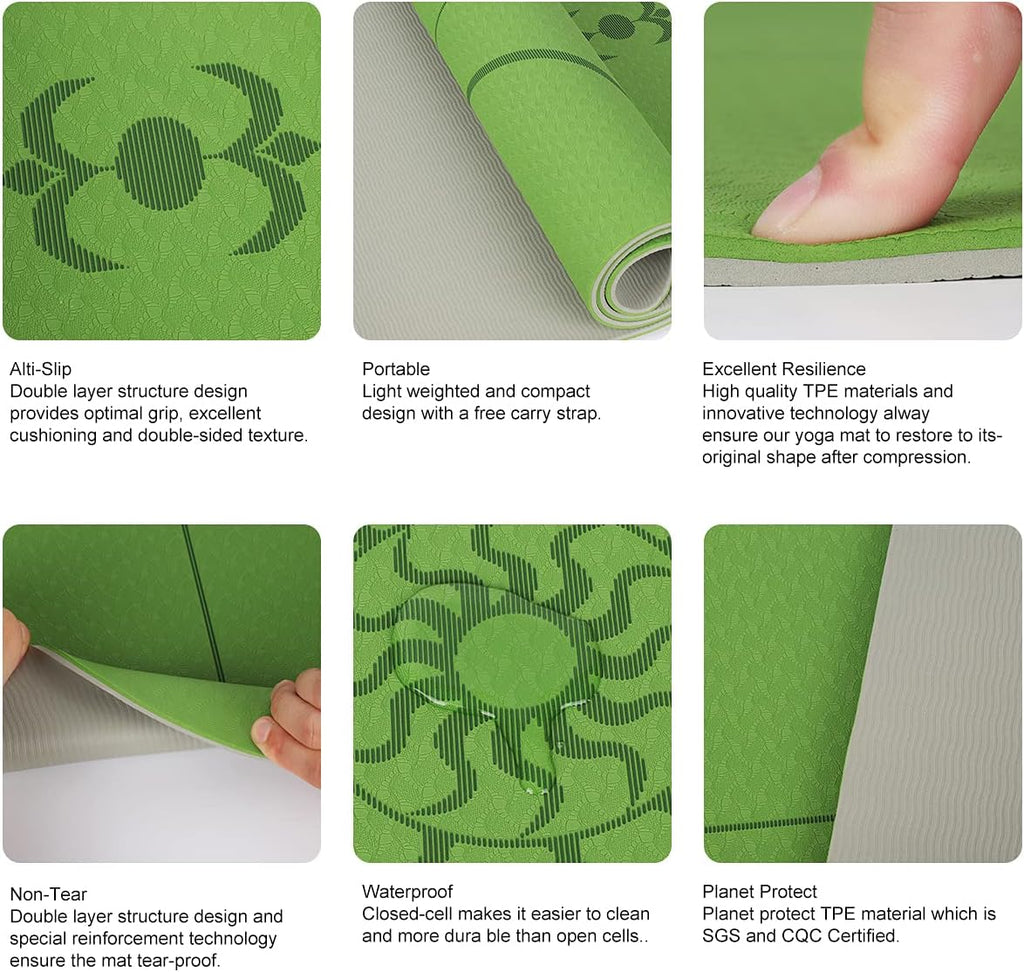 Yoga Mat Exercise Fitness Mat, 1/4 & 1/3 Inch TPE Anti-Slip Fitness Mat with Alignment Mark， Men'S and Women'S Yoga Mat, Pilates and Home Exercise Mat，Odorless Lightweight and Extra Large Size, Free Straps Available