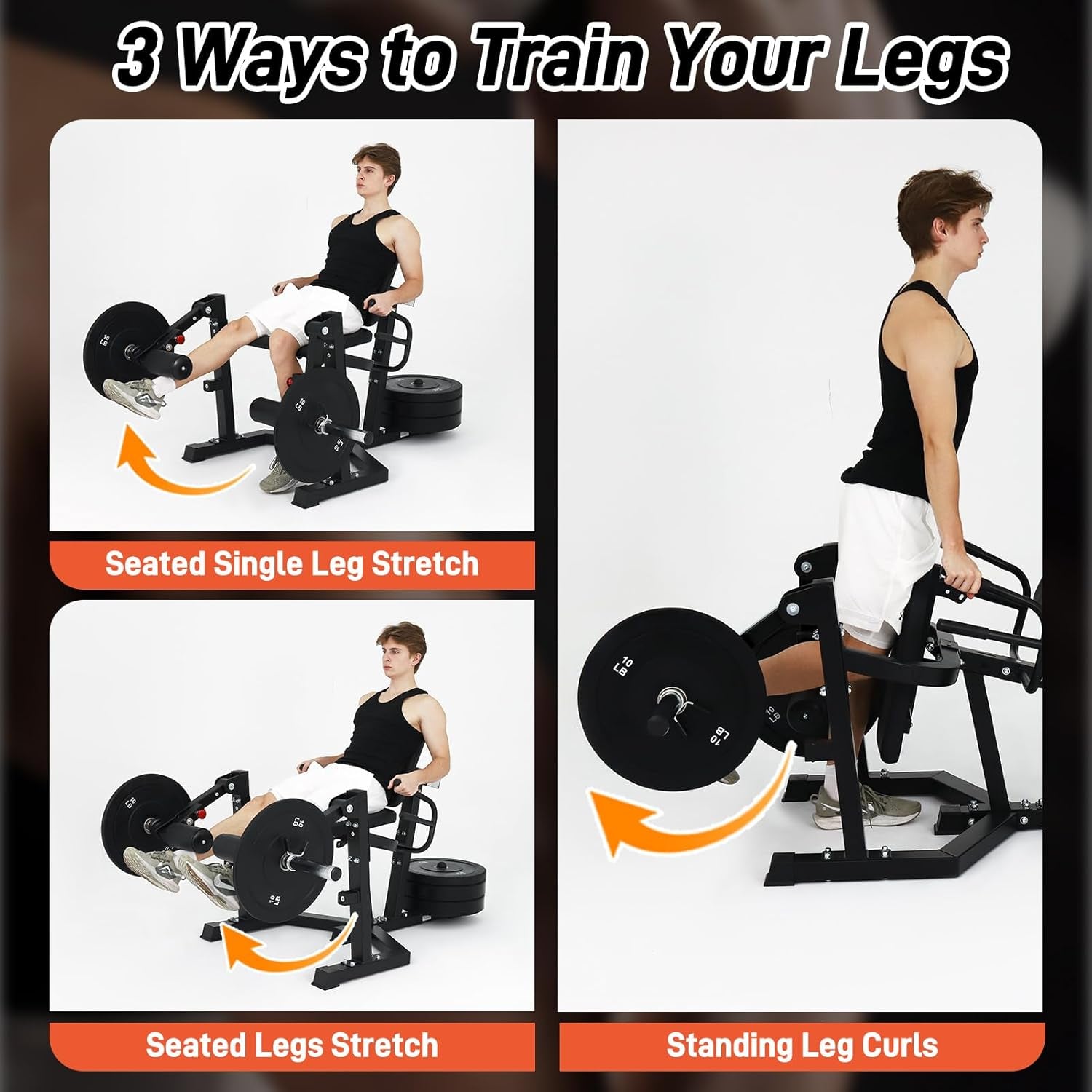 3-in-1 Leg Extension and Curl Machine with Adjustable Bench and Plate Storage, Compatible with 1" and 2" Weight Plates