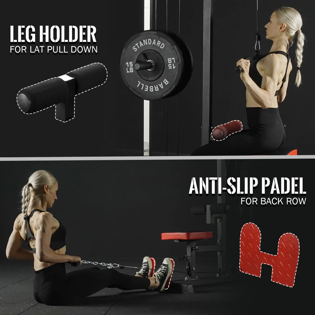 LAT Pulldown Machine, Multifunction Row Cable Fitness Equipment with Flip-Up Footplate and Plates Storage Posts