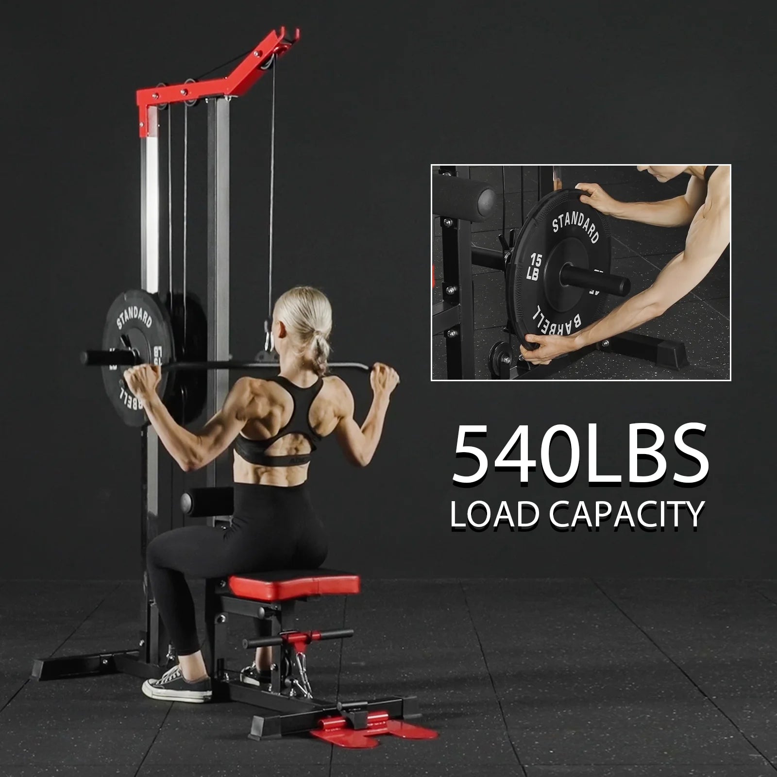 LAT Pulldown Machine, Multifunction Row Cable Fitness Equipment with Flip-Up Footplate and Plates Storage Posts