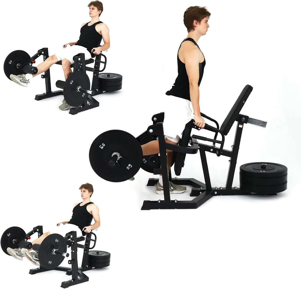 3-in-1 Leg Extension and Curl Machine with Adjustable Bench and Plate Storage, Compatible with 1" and 2" Weight Plates