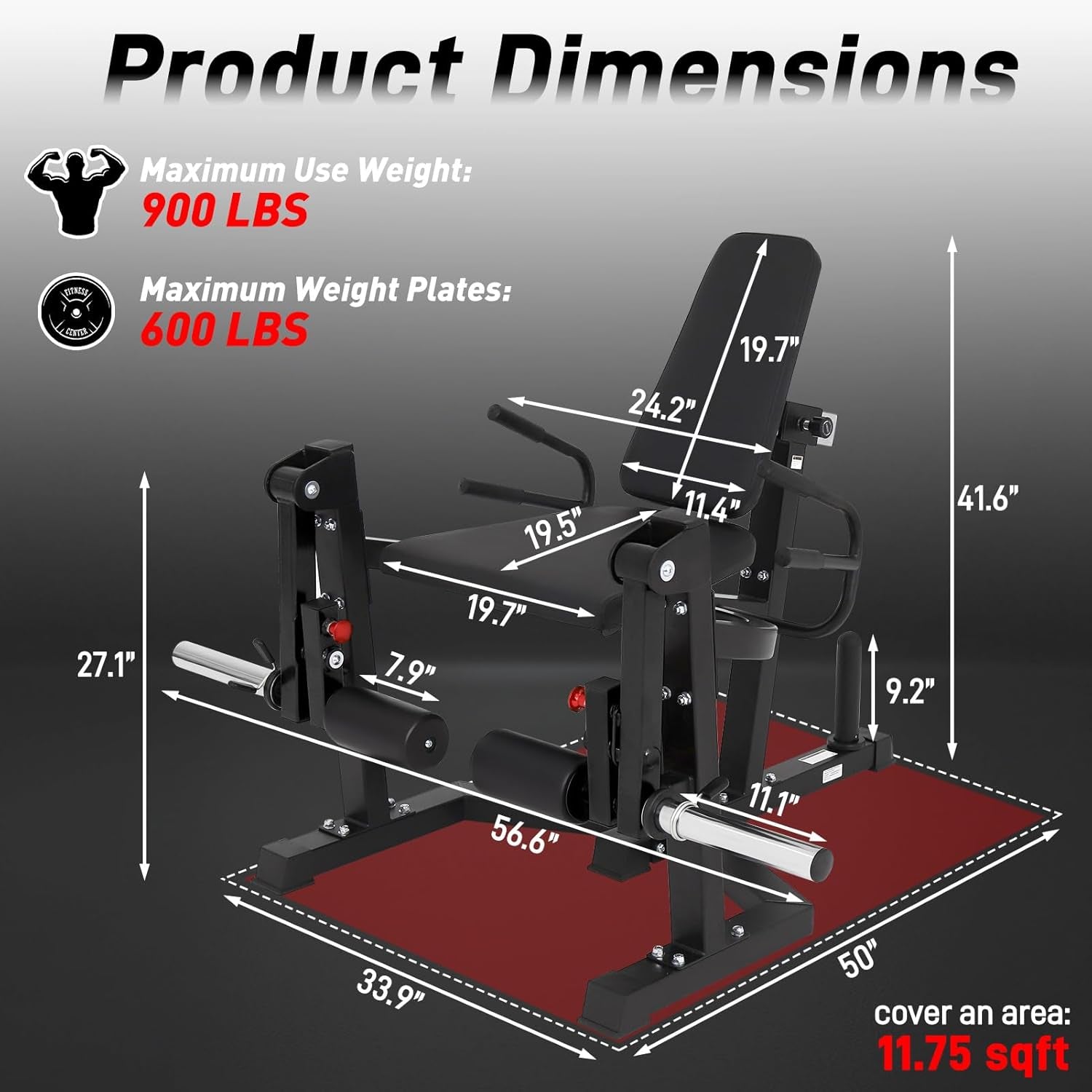 3-in-1 Leg Extension and Curl Machine with Adjustable Bench and Plate Storage, Compatible with 1" and 2" Weight Plates