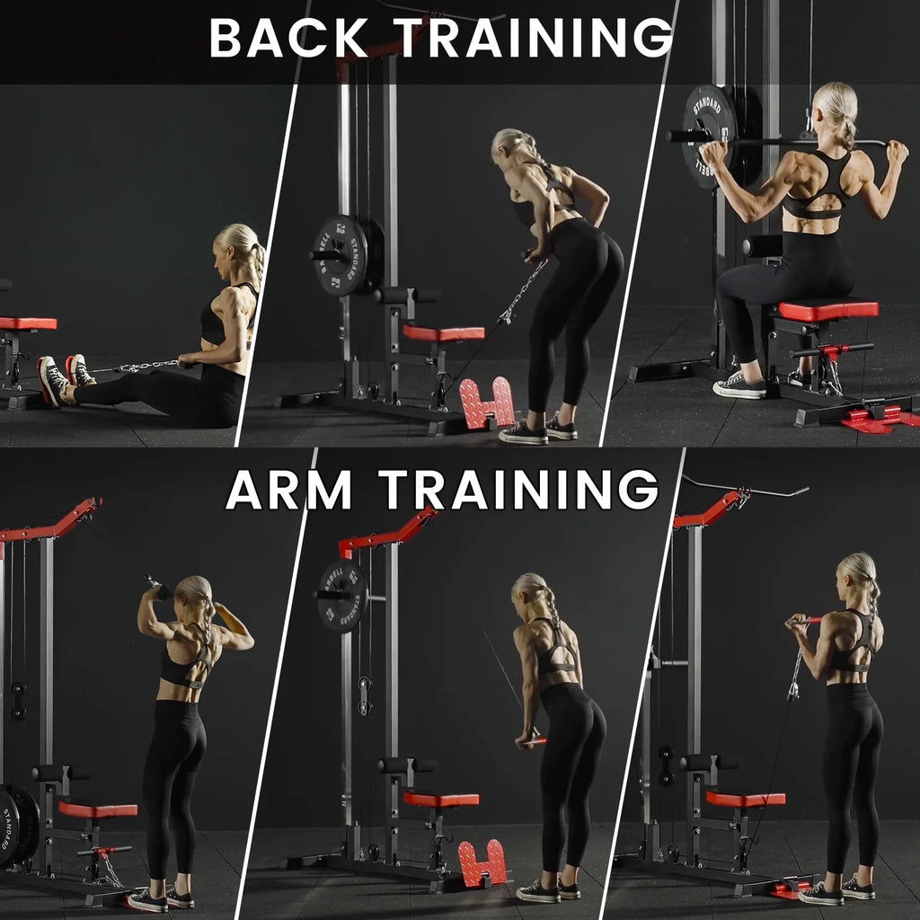 LAT Pull down Machine Set, Multifunction Cable Workout Equipment with Flip-Up Footplate and Plates Storage Posts