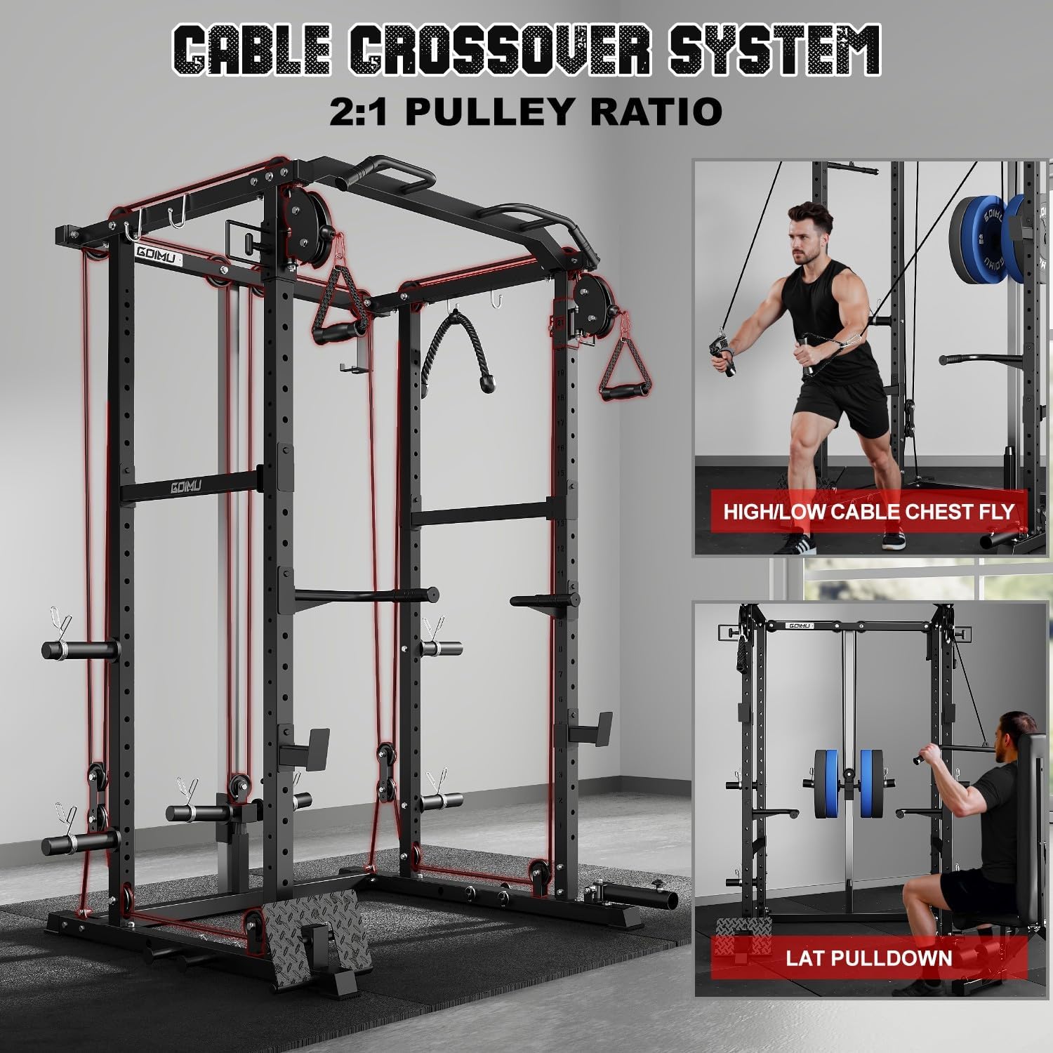 R1-V4 Power Cage Rack - 2000LB Squat Rack with Cable Crossover System and Multi-Function Attachments for Home Gym Workouts