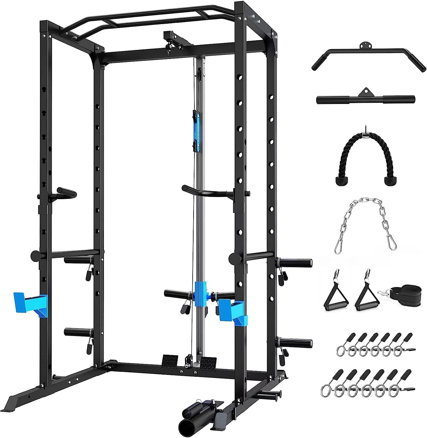 Multi-Functional Power Cage with J-Hooks, Dip Handles, Landmine Attachment, and Optional Cable Pulley System for Home Gym Use