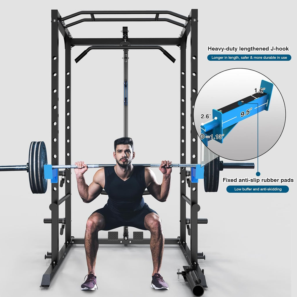 Multi-Functional Power Cage with J-Hooks, Dip Handles, Landmine Attachment, and Optional Cable Pulley System for Home Gym Use