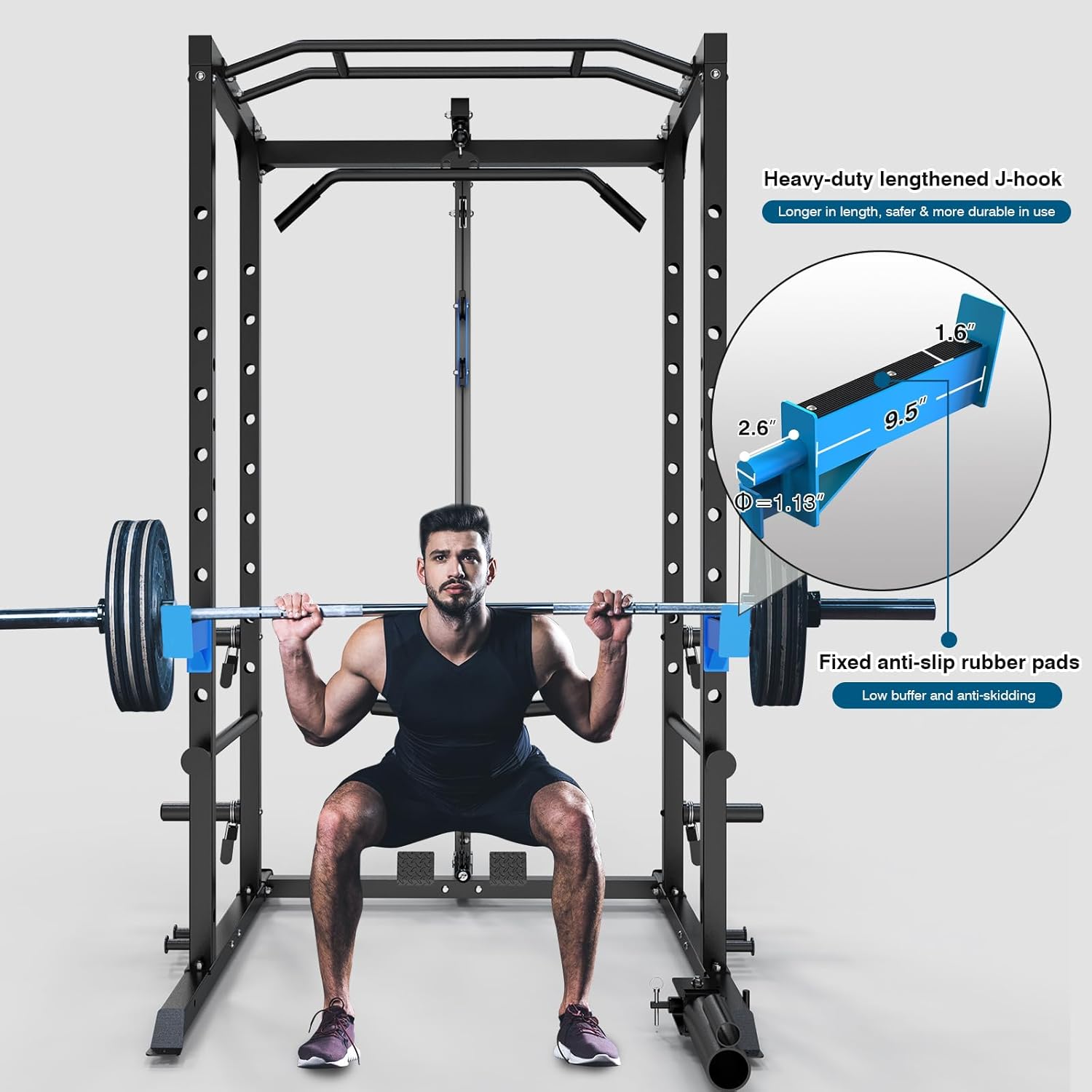 Multi-Functional Power Cage with J-Hooks, Dip Handles, Landmine Attachment, and Optional Cable Pulley System for Home Gym Use