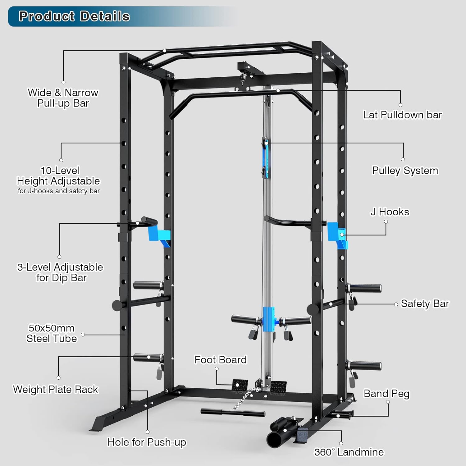 Multi-Functional Power Cage with J-Hooks, Dip Handles, Landmine Attachment, and Optional Cable Pulley System for Home Gym Use