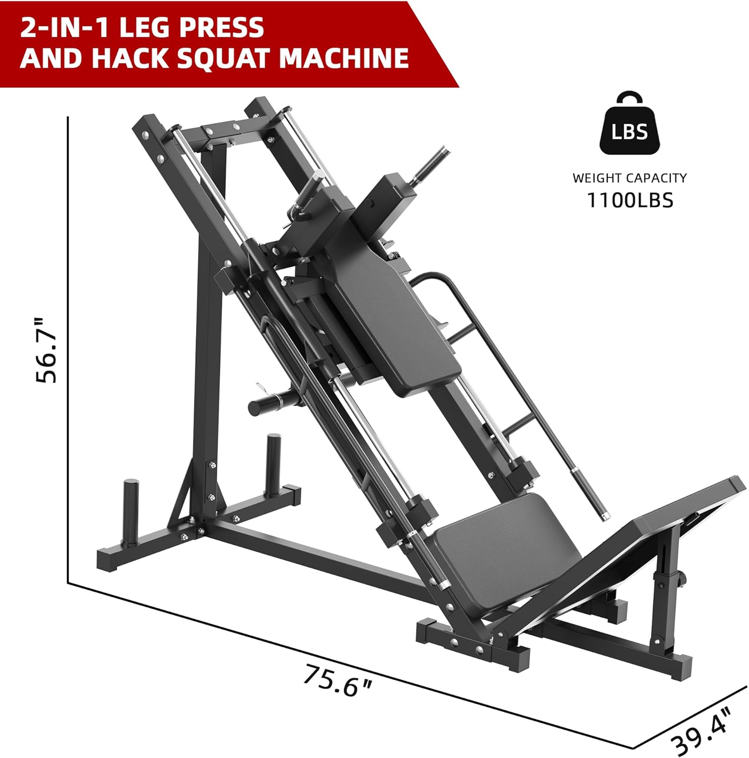 Adjustable Leg Press and Hack Squat Machine with Weight Storage, 1100 LB Capacity, Black