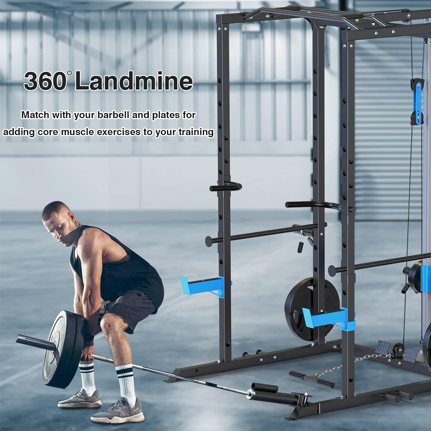 Multi-Functional Power Cage with J-Hooks, Dip Handles, Landmine Attachment, and Optional Cable Pulley System for Home Gym Use