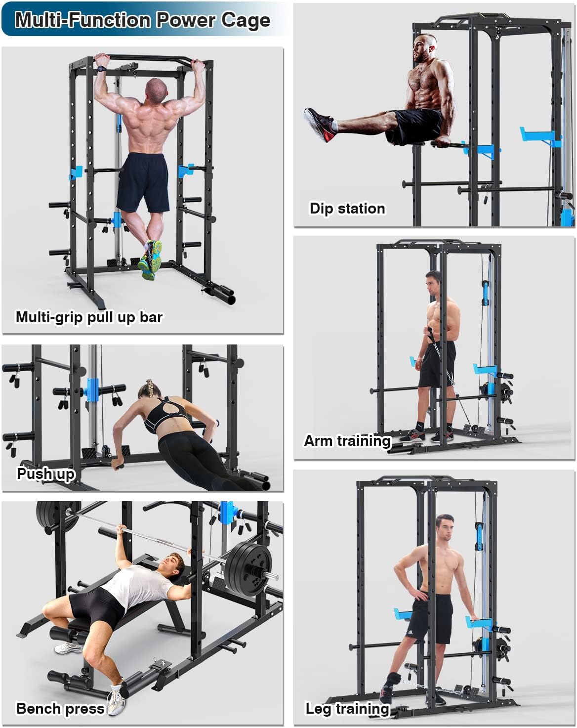 Multi-Functional Power Cage with J-Hooks, Dip Handles, Landmine Attachment, and Optional Cable Pulley System for Home Gym Use