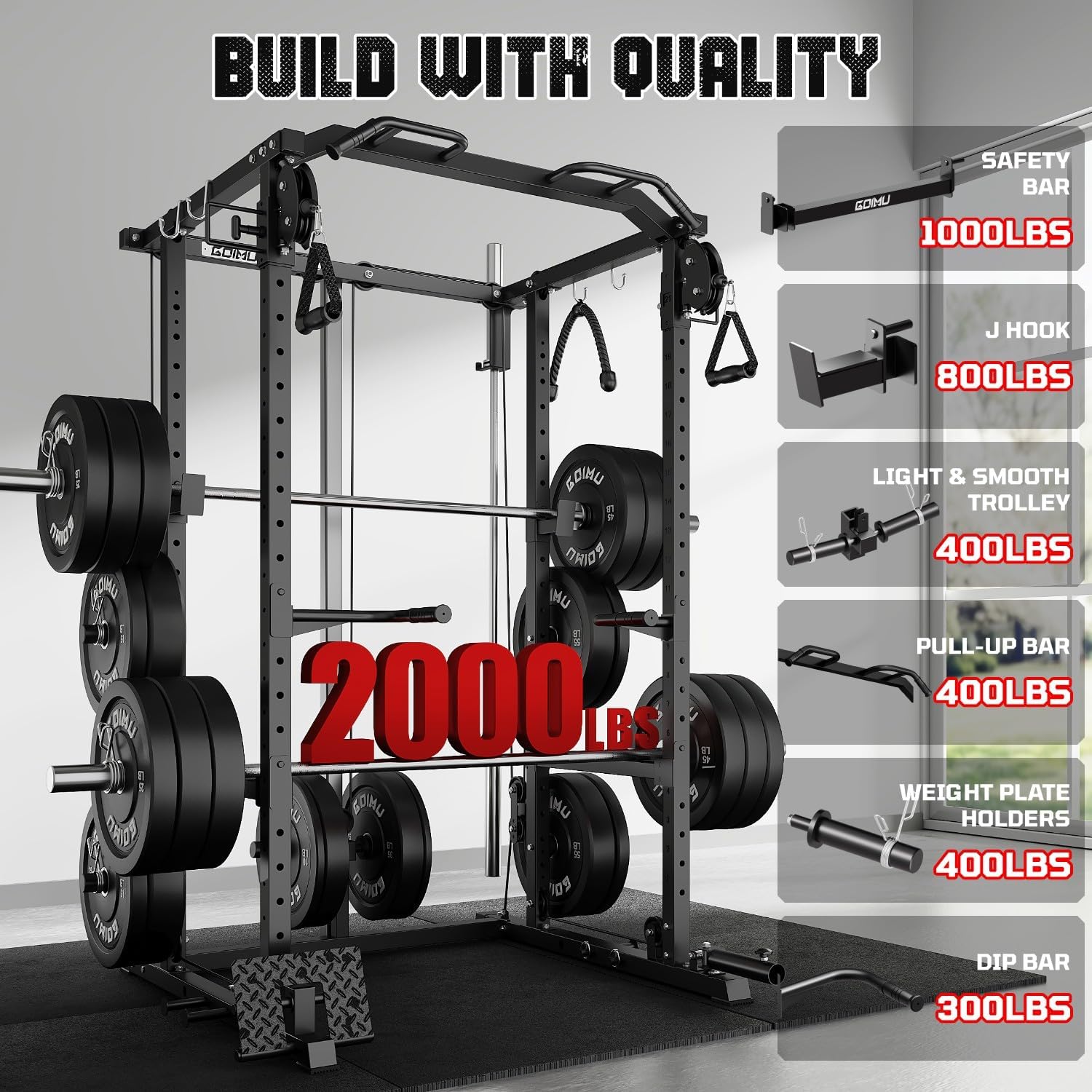 R1-V4 Power Cage Rack - 2000LB Squat Rack with Cable Crossover System and Multi-Function Attachments for Home Gym Workouts