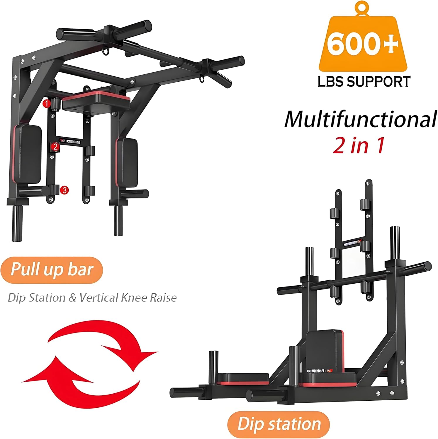 Multifunctional Wall-Mounted Pull-Up and Chin-Up Bar with Dip Station for Home Gym, Power Tower Set Supporting 800 lbs