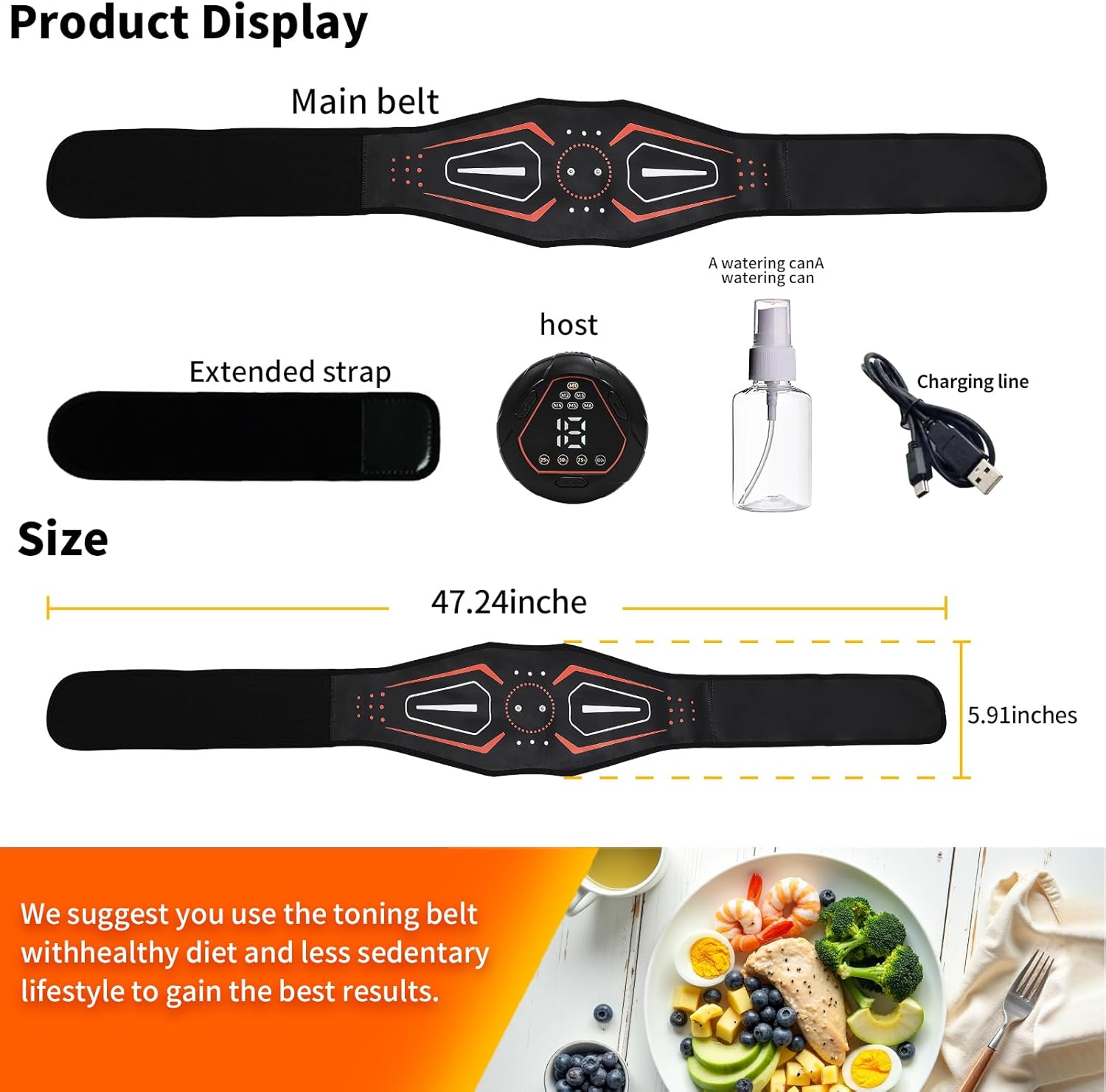 KLT-07 Fitness Belt - ABS Stimulator and Abdominal Toning Machine for Home Strength Training - Ideal for Men and Women - Orange Red