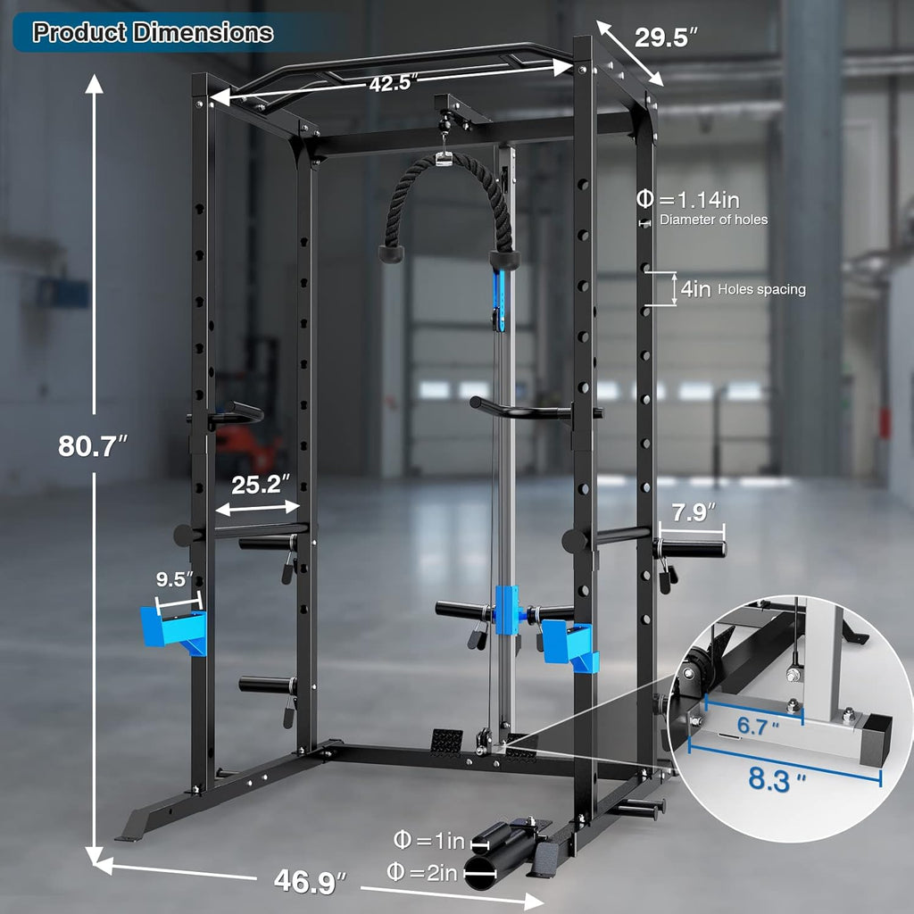 Multi-Functional Power Cage with J-Hooks, Dip Handles, Landmine Attachment, and Optional Cable Pulley System for Home Gym Use