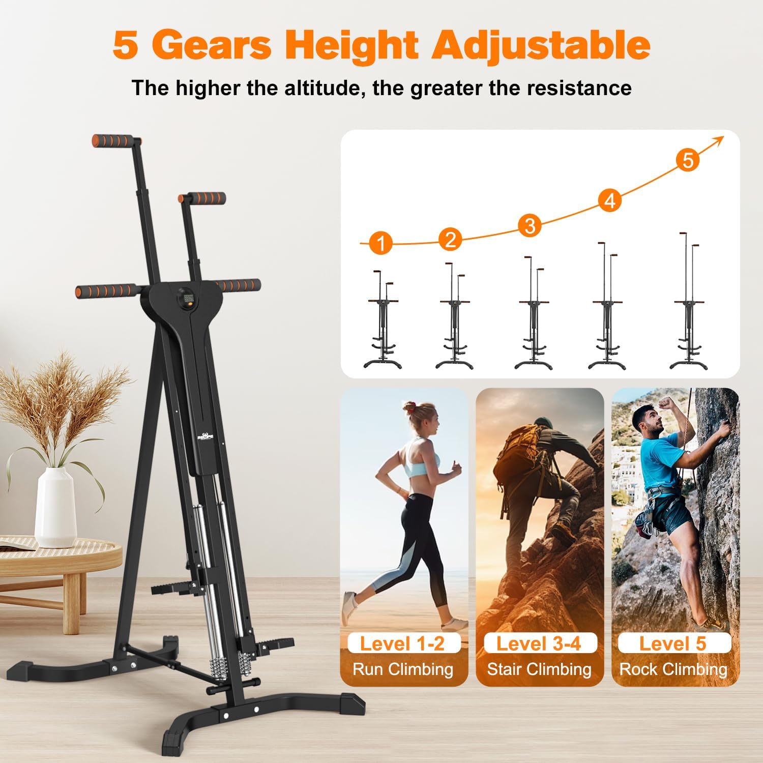 Vertical Climber Exercise Machine for Home Gym - Folding Cardio Workout Equipment with 4 Metal Guide Rails and 5 Adjustable Height Levels, Easy Assembly