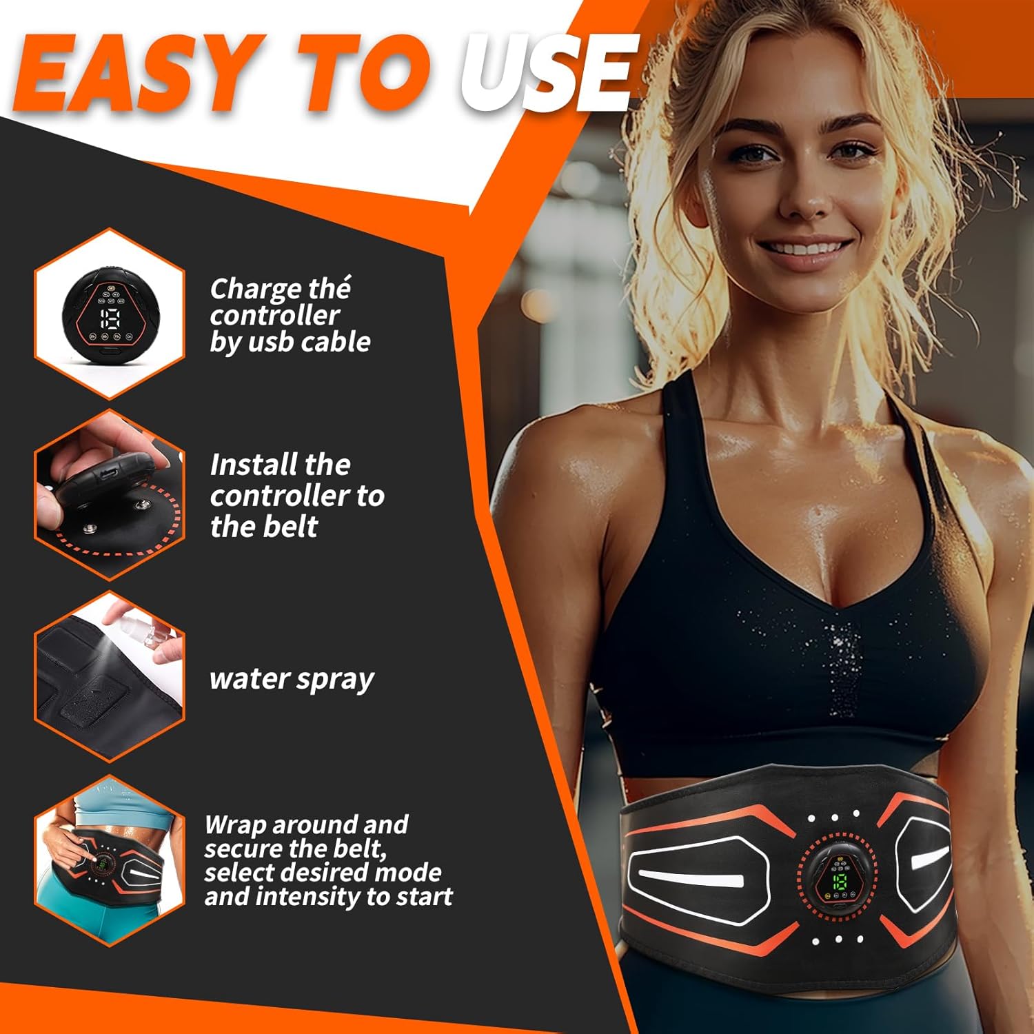 KLT-07 Fitness Belt - ABS Stimulator and Abdominal Toning Machine for Home Strength Training - Ideal for Men and Women - Orange Red