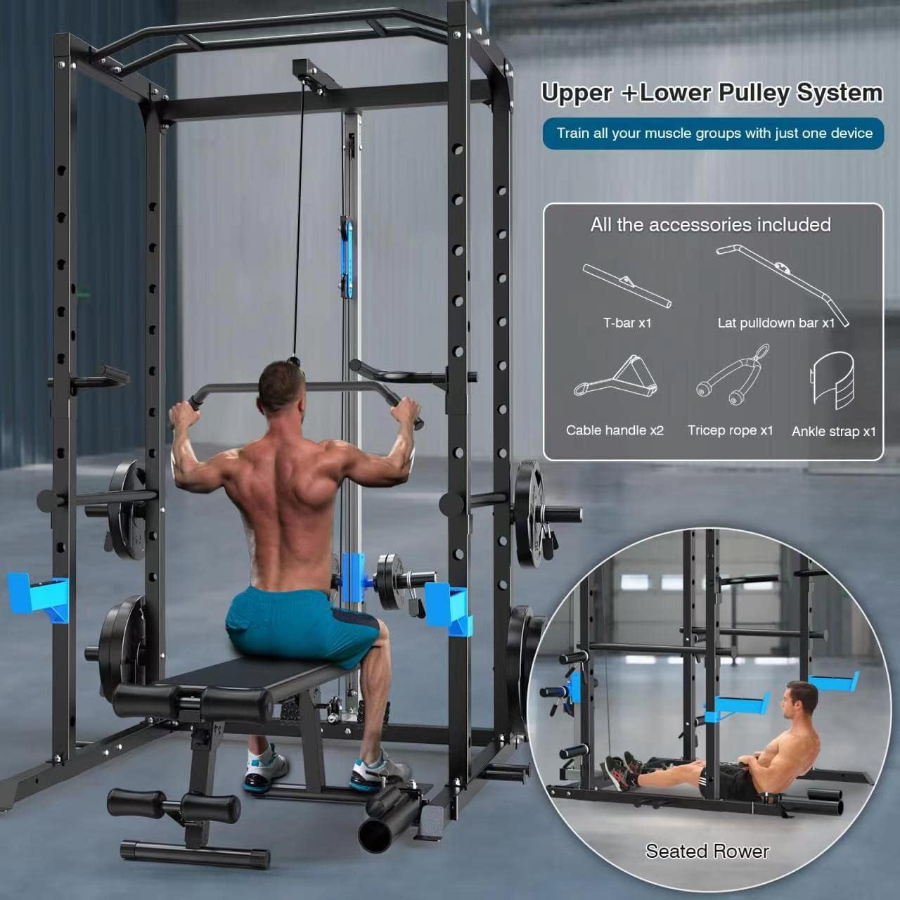 Multi-Functional Power Cage with J-Hooks, Dip Handles, Landmine Attachment, and Optional Cable Pulley System for Home Gym Use