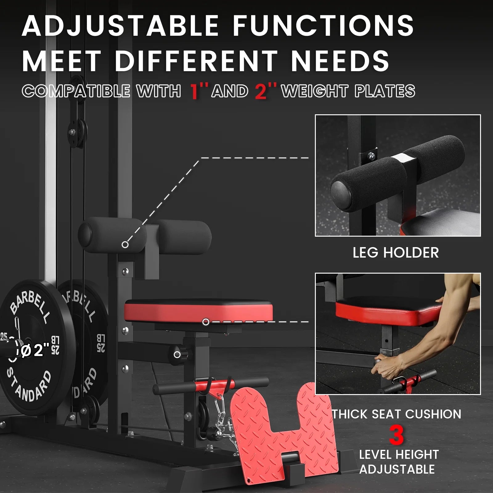 LAT Pull down Machine Set, Multifunction Cable Workout Equipment with Flip-Up Footplate and Plates Storage Posts