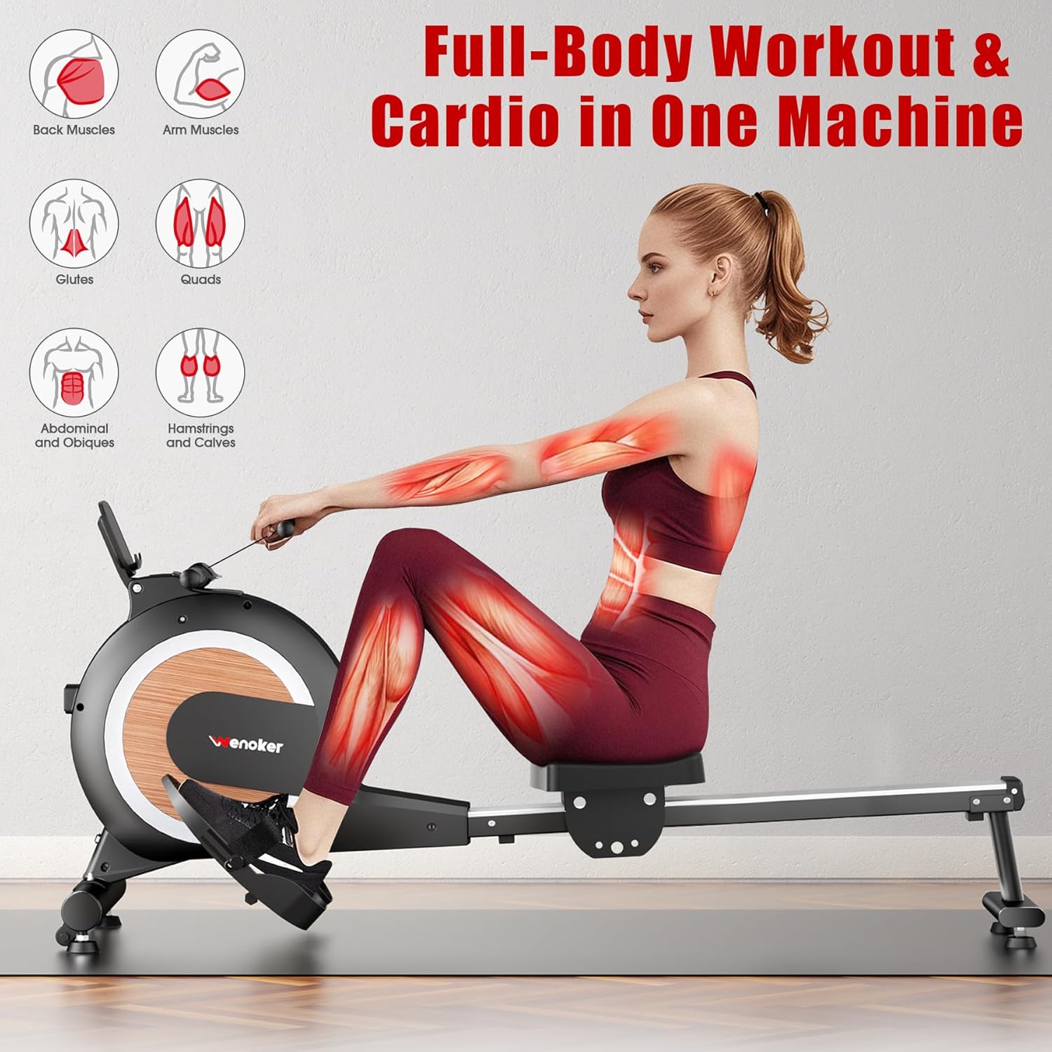 Magnetic Rowing Machine for Home Use, Enhanced 32-Level Silent Resistance with Smart Electronic Control, 350 lbs Weight Capacity, Compact Design with Easy Assembly and App Compatibility