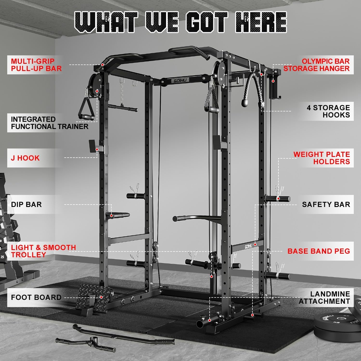 R1-V4 Power Cage Rack - 2000LB Squat Rack with Cable Crossover System and Multi-Function Attachments for Home Gym Workouts