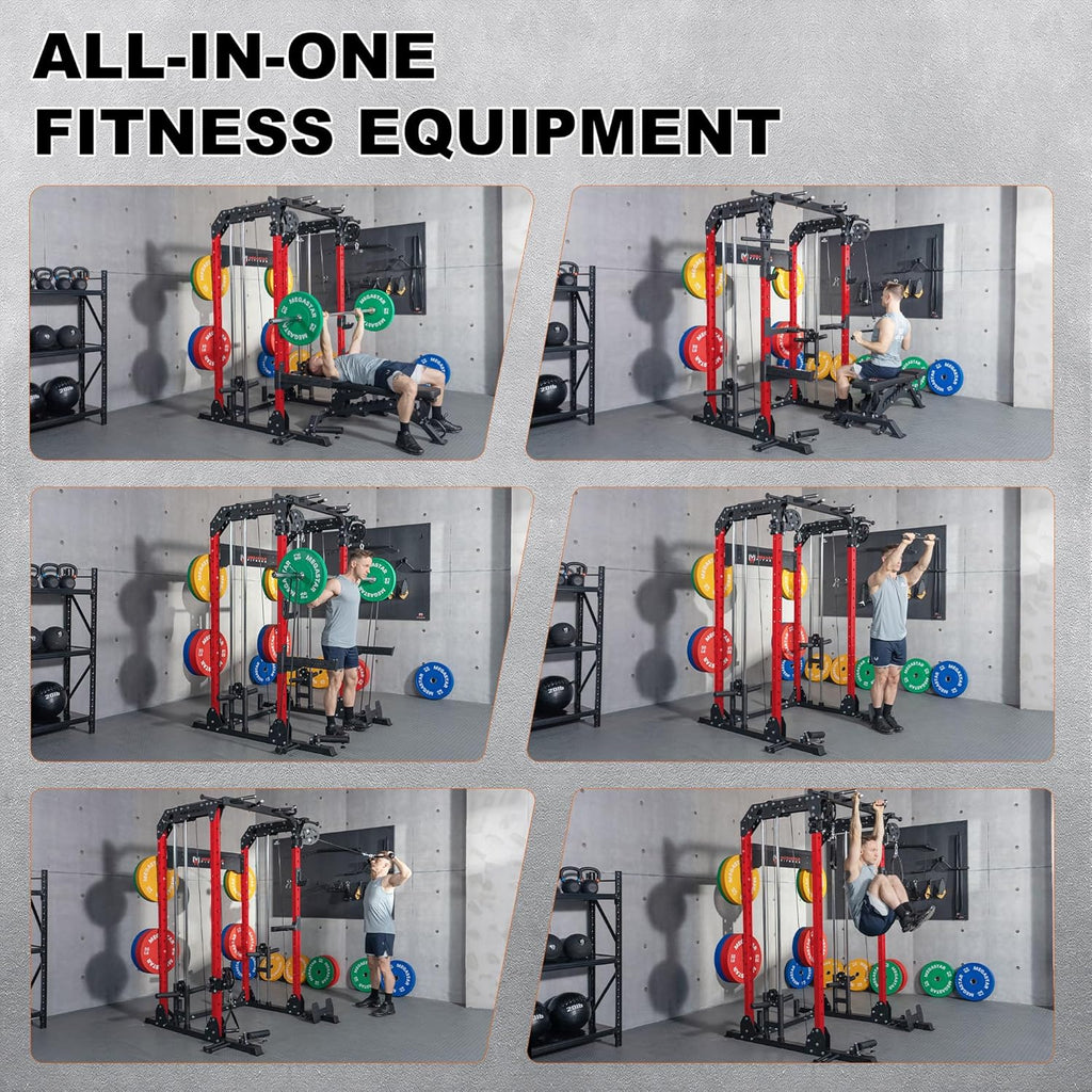 Power Rack Home Gym with Aluminum Pulley System – 2000LB Capacity Multifunctional Squat Rack with Cable Crossover and 16 Professional Attachments for Strength Training, P63 Rampage