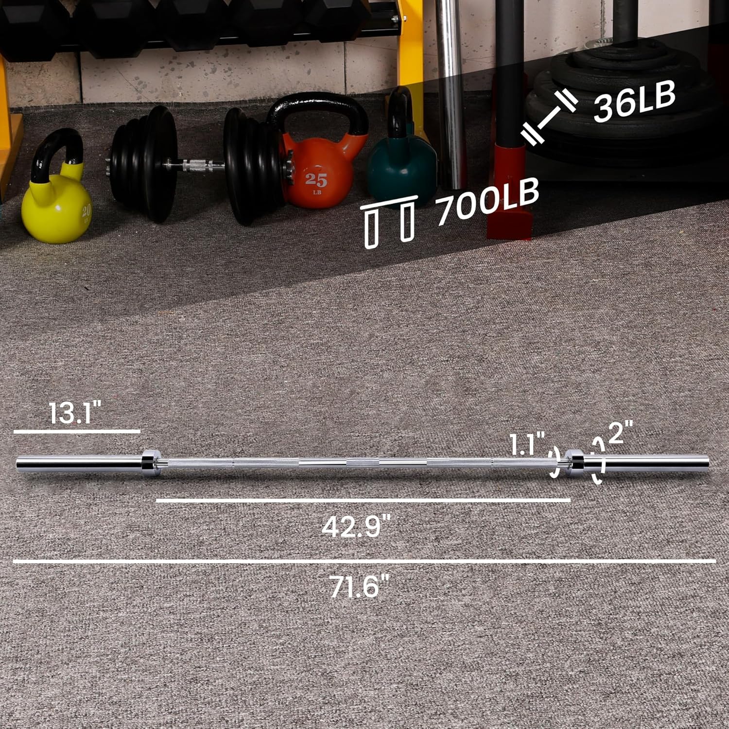 Olympic Barbell for Powerlifting and Weightlifting, 2 Inch Diameter, 700 Pound Capacity, Available in Multiple Sizes