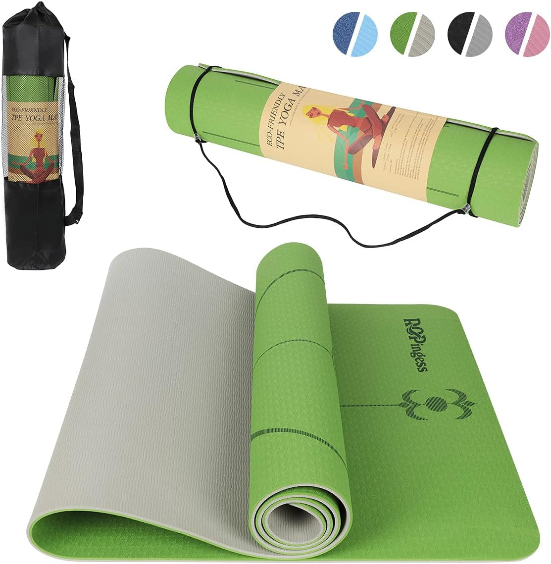 Yoga Mat Exercise Fitness Mat, 1/4 & 1/3 Inch TPE Anti-Slip Fitness Mat with Alignment Mark， Men'S and Women'S Yoga Mat, Pilates and Home Exercise Mat，Odorless Lightweight and Extra Large Size, Free Straps Available