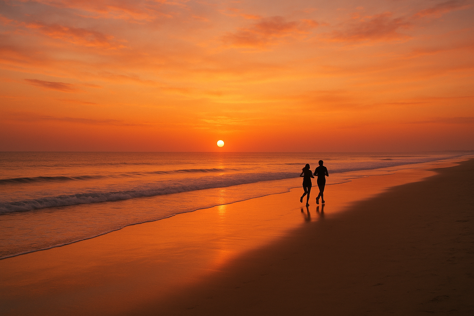 a picture of a beach with a sunset and a couple jogging on the beach in the distance