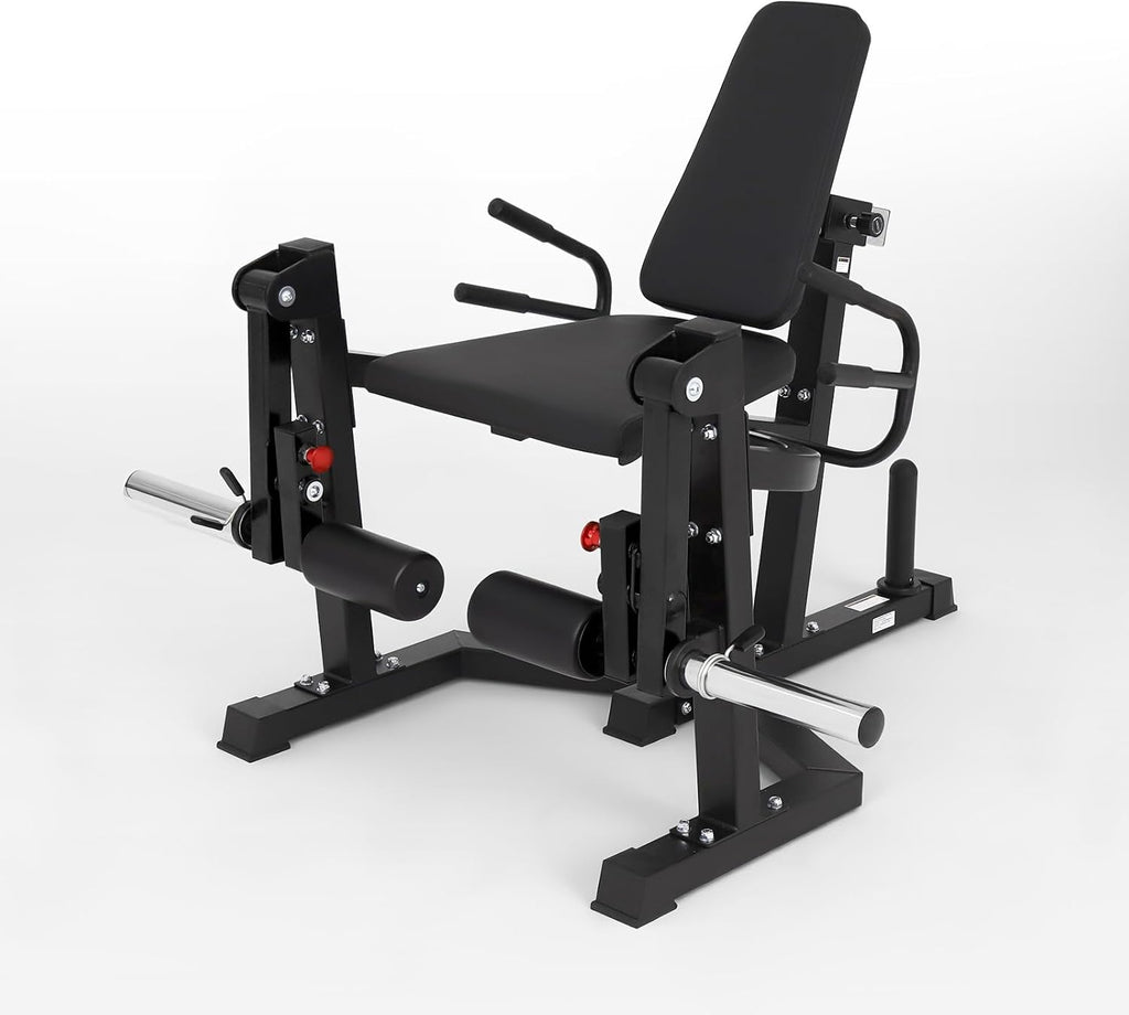 3-in-1 Leg Extension and Curl Machine with Adjustable Bench and Plate Storage, Compatible with 1" and 2" Weight Plates