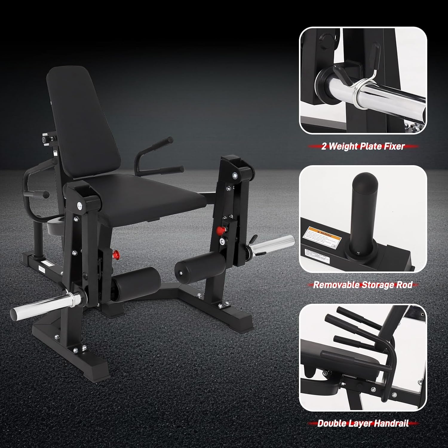 3-in-1 Leg Extension and Curl Machine with Adjustable Bench and Plate Storage, Compatible with 1" and 2" Weight Plates