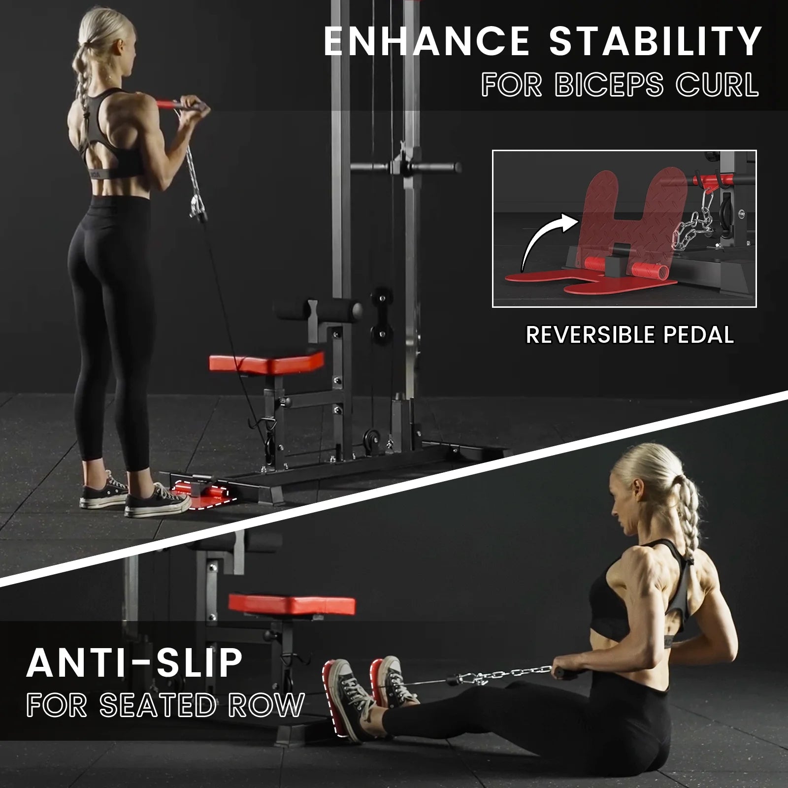 LAT Pull down Machine Set, Multifunction Cable Workout Equipment with Flip-Up Footplate and Plates Storage Posts