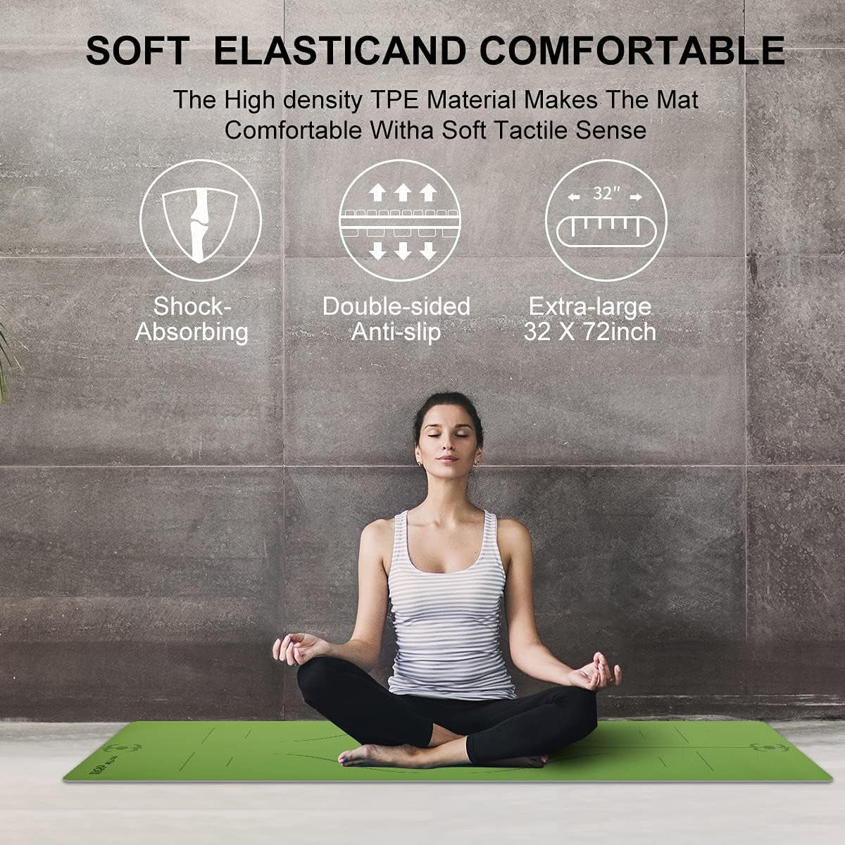 Yoga Mat Exercise Fitness Mat, 1/4 & 1/3 Inch TPE Anti-Slip Fitness Mat with Alignment Mark， Men'S and Women'S Yoga Mat, Pilates and Home Exercise Mat，Odorless Lightweight and Extra Large Size, Free Straps Available